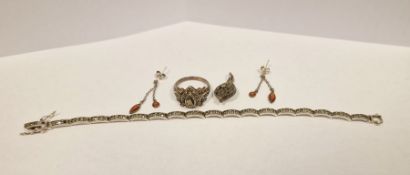 Collection of silver jewellery to include marcasite tennis bracelet, pear drop ring, pair of