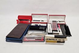 Box of assorted pens to include fountain pen marked 'The Roxley Pen, a Dickinson Product' other pens