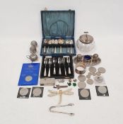 Possibly eastern white metal salt and pepper and another mustard, white metal and silver plated
