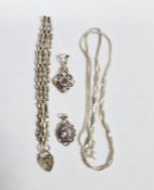 Collection of silver jewellery including gate bracelet with heart padlock, two gemstone pendants and