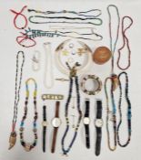 Assorted beaded necklaces and bracelets, watches and cufflinks (1 box)