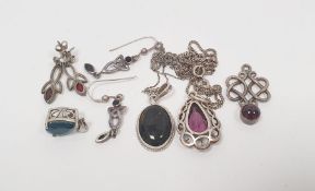 Collection of vintage silver jewellery to include two necklaces with gemstone pendants, two pairs