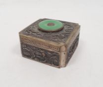 Chinese silver-coloured metal trinket box, square with jade-coloured circular stone inserted to lid,