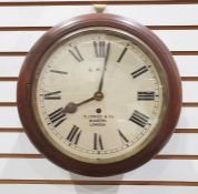 An R. Jowes & Co., London for GWR railway clock, the single fusee movement in circular mahogany case