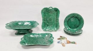 Wedgwood majolica leaf plates, tazza, serving dishes and a Royal Dux wall-hanging mallard duck