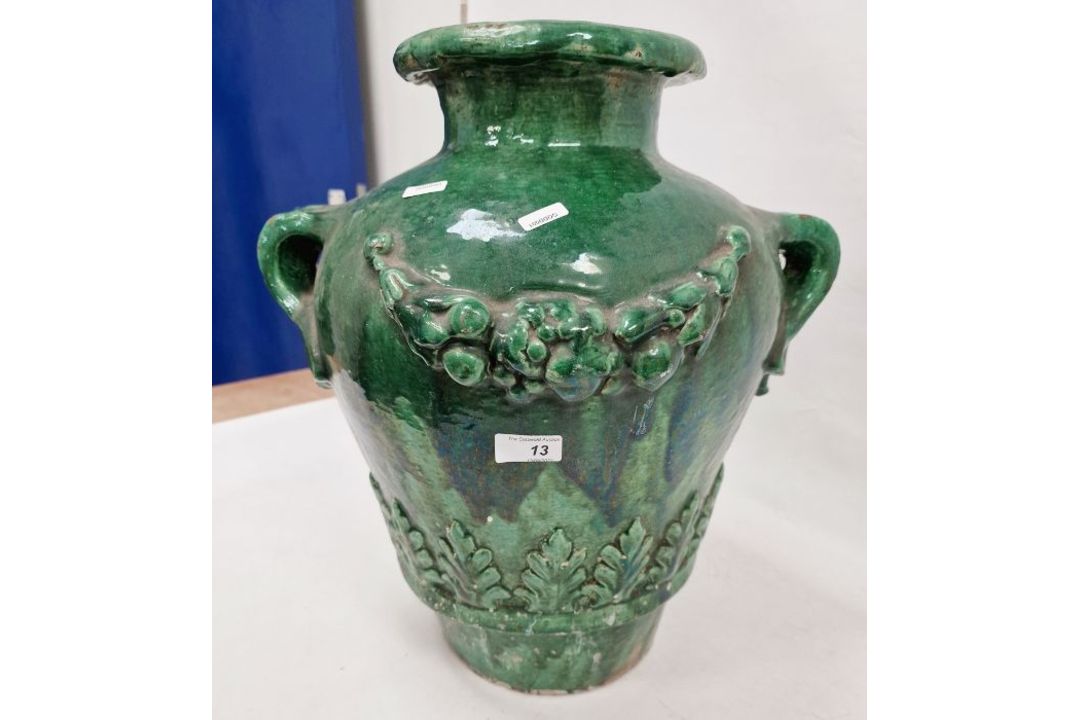 19th century French / Continental green glazed searthenware twin-handled pot with wreath and leaf - Image 3 of 6
