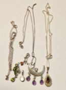 Collection of silver jewellery to include three gemstone pendant necklaces and two other gemstone