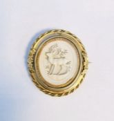 Victorian gold coloured oval brooch with bone relief carved stag on reverse and head and shoulders