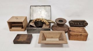 Two boxes of assorted treen to include boxes, carved corbels, etc