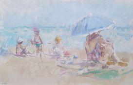 20th century school Watercolour Figures on beach, indistinctly initialled lower left, 14cm x 23cm