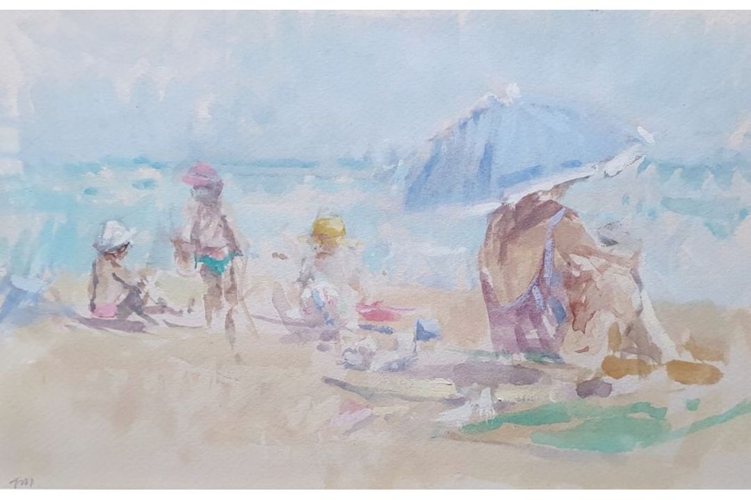 20th century school Watercolour Figures on beach, indistinctly initialled lower left, 14cm x 23cm - Image 1 of 3
