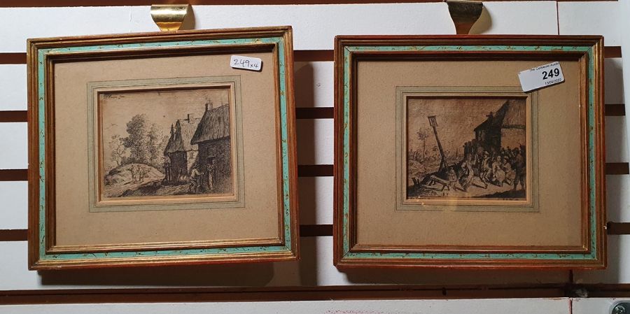 After D Teniers  Engraving  Dancing couple and another engraving  Beate Watercolour gouache  Study - Image 5 of 9