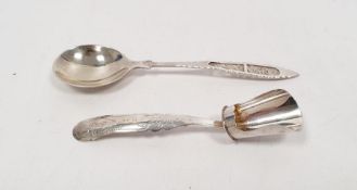 Foreign silver spoon with filigree decorated handle marked '830', 0.5ozt and a silver scoop engraved