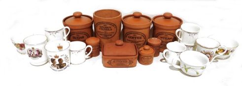 Art Deco peach-coloured glass dressing table set, a Paragon 'Remember Me' part tea service and