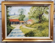 J E Halliday - 20th century Oil on board Rural landscape with dwellings, signed and dated 1983 lower