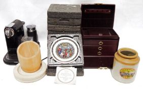 Nespresso Magimix coffee machine, a stoneware storage jar with label for 'PC Flett & Co', a small