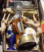 Two plaster models of alsatians, a brass paraffin lamp, a quantity of John Tams dinner plates and