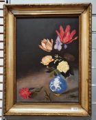 Copy of a portrait of a woman by Hugo Scheiber, acrylic on board, a  copy of a Dutch still life, oil