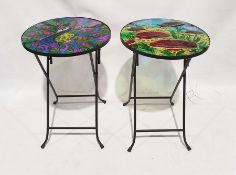 Pair of folding tables with colourful foil backed glass tops (2)