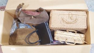 Two small wicker cases and assorted handbags (1box)
