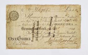 One Guinea Bank Note, issued at Birmingham Bank, 1804, note containing cashier's signatures, uncut.