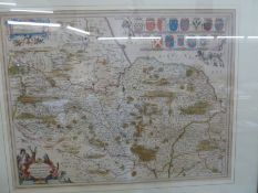 After Jan Janssen map Coloured engraving North Ridinge of Yorkshire, map (50 x 39 cm), together with