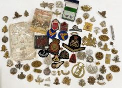Collection of British military cap badges, cloth badges and rank markings (1 small box)