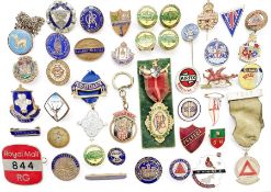 Collection of union, political and transportation brass enamel badges (1 box)