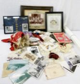Framed collection of RAF buttons and badges, WW1 embroidered silk handkerchiefs, two books on