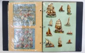 Victorian scraps, including dogs, boats and hunting scenes, with advertisements, miniature