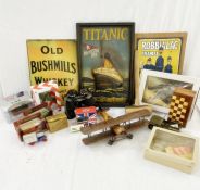 Mixed collectables to include a Titanic wooden relief painted plaque, binoculars, wooden toy