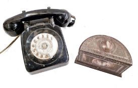 Art Deco Linsden bakelite demi-lune cigar box with swivel interior and a black bakelite telephone