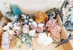 A quantity of minerals to include stibenite, zedlite, garnet in mica, selenite (desert rose), a