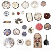 Assorted hatpins, compact mirrors with advertising to reverse (1 box)
