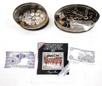 Assorted keys and assorted foreign coins and banknotes (2 tins) and a Royal Mint UK Uncirculated