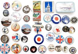 Quantity of assorted badges, milk bottle caps, patches, Worker's Union badges, sailor's society (1
