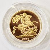 Gold sovereign proof 1999 with certificate