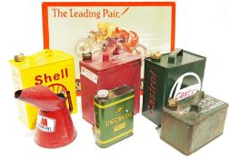 Modern reproduction Shell Oil and Golden Shell Oil enamelled metal sign, a modern Castrol Oil can, a