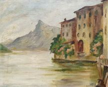 L Breton - 20th century Oil on board Continental landscape featuring a river with dwellings in the