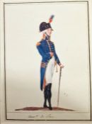 Four military prints, a pair of etchings framed as one showing continental scenes and a