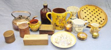 Copper teapot, an Allervale pottery vase, a small quantity of small wooden boxes and assorted china,