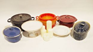 Le Creuset cast iron and enamel blue and white lidded casserole, a Doufeu cast iron and orange