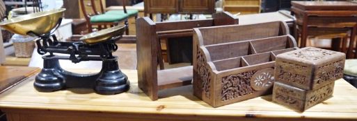 Cast iron scales, assorted wooden boxes, a carved wooden letter holder, a lady's fur coat, a Trivial