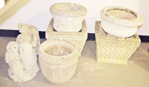 Quantity of composite stone planters and urns, a composite stone model of three owls and a composite