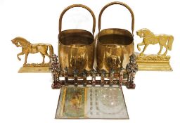 Pair of cast iron doorstops decorated as horses, two copper coal buckets, etc (1 box)