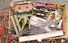 Assorted model railway items to include track, trains, buildings, carriages, platforms, etc (1 box)
