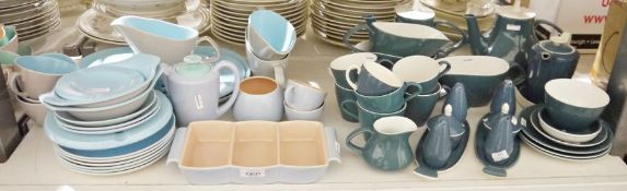 Poole pottery 'Twintone' grey and blue part dinner service to include gravy boat, serving dishes,