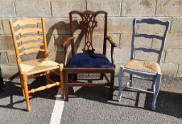 Modern beech rush seated chair together with a grey painted rush seated chair and a mahogany