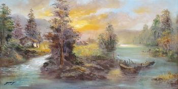20th century Asian school Oil on canvas River landscape with figures and boats in foreground,