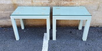 Pair of mid-century French coffee tables with green painted canvas covering (2)